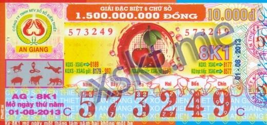 Mẫu vé sô xổ số An Giang ngày 1/8/2013