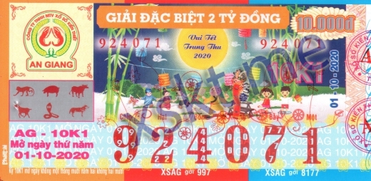 Mẫu vé sô xổ số An Giang ngày 1/10/2020