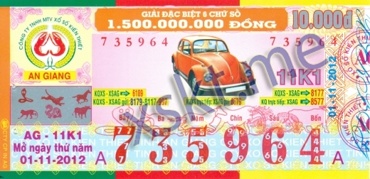 Mẫu vé sô xổ số An Giang ngày 1/11/2012