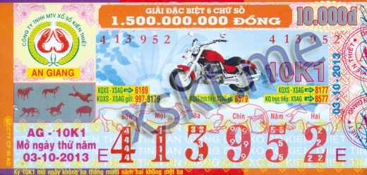 Mẫu vé sô xổ số An Giang ngày 3/10/2013