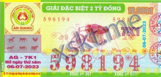 Mẫu vé sô xổ số An Giang ngày 6/7/2023
