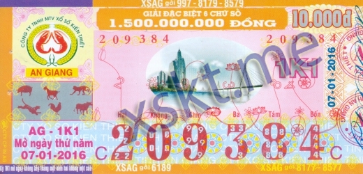 Mẫu vé sô xổ số An Giang ngày 7/1/2016