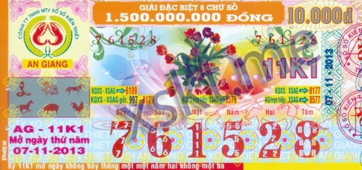 Mẫu vé sô xổ số An Giang ngày 7/11/2013