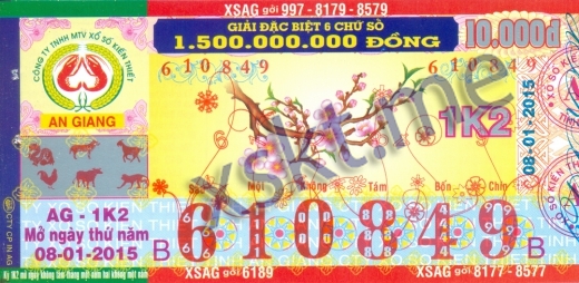 Mẫu vé sô xổ số An Giang ngày 8/1/2015