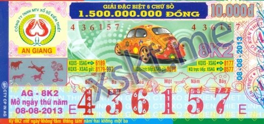 Mẫu vé sô xổ số An Giang ngày 8/8/2013