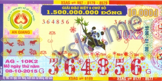 Mẫu vé sô xổ số An Giang ngày 8/10/2015