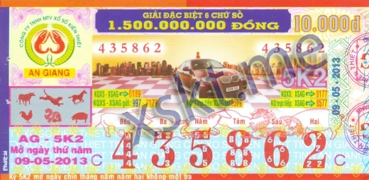 Mẫu vé sô xổ số An Giang ngày 9/5/2013