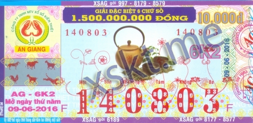 Mẫu vé sô xổ số An Giang ngày 9/6/2016