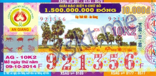 Mẫu vé sô xổ số An Giang ngày 9/10/2014