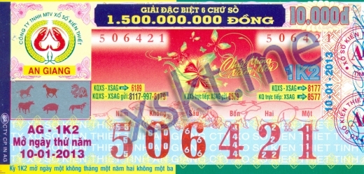 Mẫu vé sô xổ số An Giang ngày 10/1/2013