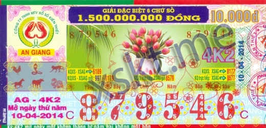 Mẫu vé sô xổ số An Giang ngày 10/4/2014