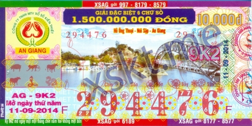 Mẫu vé sô xổ số An Giang ngày 11/9/2014