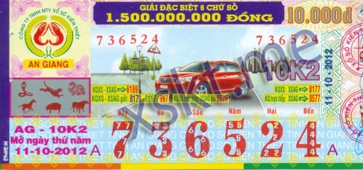 Mẫu vé sô xổ số An Giang ngày 11/10/2012
