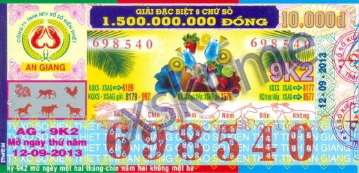 Mẫu vé sô xổ số An Giang ngày 12/9/2013