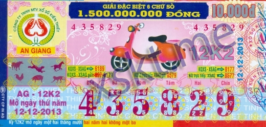 Mẫu vé sô xổ số An Giang ngày 12/12/2013