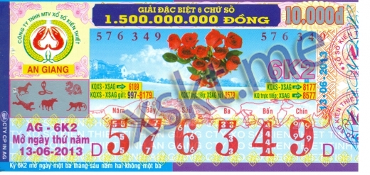 Mẫu vé sô xổ số An Giang ngày 13/6/2013