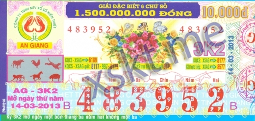 Mẫu vé sô xổ số An Giang ngày 14/3/2013