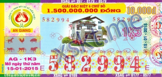 Mẫu vé sô xổ số An Giang ngày 15/1/2015
