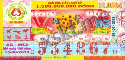 Mẫu vé sô xổ số An Giang ngày 15/8/2013