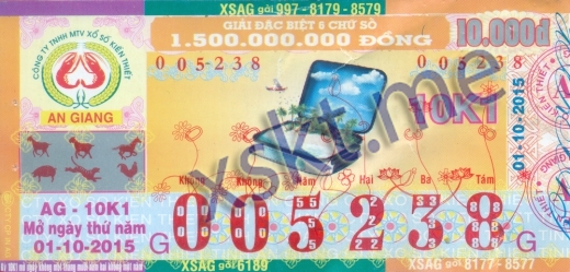 Mẫu vé sô xổ số An Giang ngày 15/10/2015
