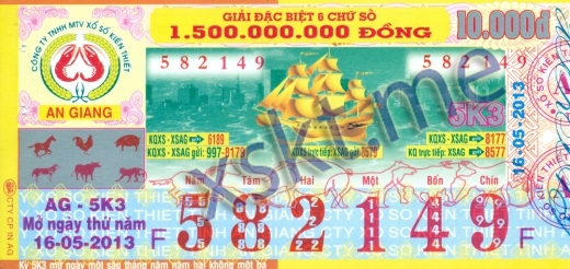 Mẫu vé sô xổ số An Giang ngày 16/5/2013