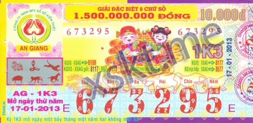 Mẫu vé sô xổ số An Giang ngày 17/1/2013
