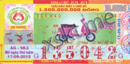 Mẫu vé sô xổ số An Giang ngày 17/9/2015