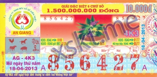 Mẫu vé sô xổ số An Giang ngày 18/4/2013