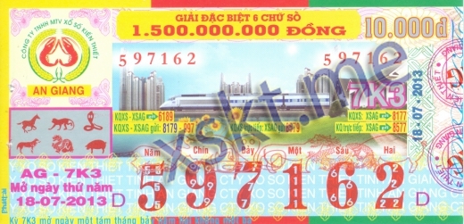 Mẫu vé sô xổ số An Giang ngày 18/7/2013