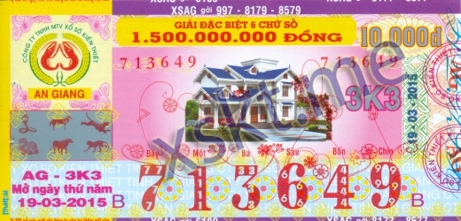 Mẫu vé sô xổ số An Giang ngày 19/3/2015