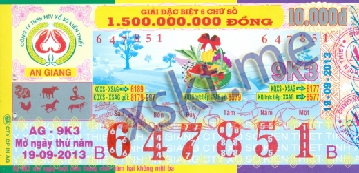 Mẫu vé sô xổ số An Giang ngày 19/9/2013