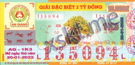 Mẫu vé sô xổ số An Giang ngày 20/1/2022