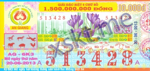 Mẫu vé sô xổ số An Giang ngày 20/6/2013