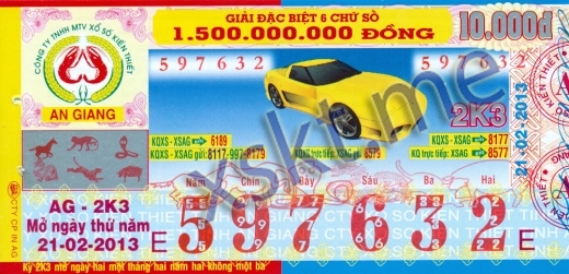 Mẫu vé sô xổ số An Giang ngày 21/2/2013