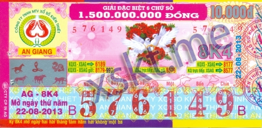 Mẫu vé sô xổ số An Giang ngày 22/8/2013