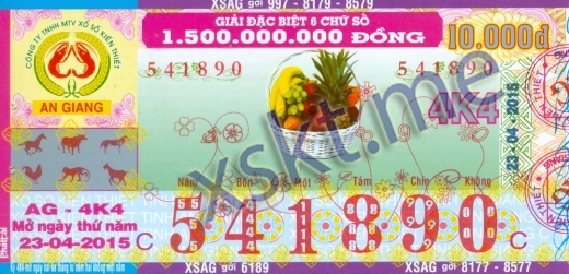 Mẫu vé sô xổ số An Giang ngày 23/4/2015