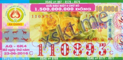 Mẫu vé sô xổ số An Giang ngày 23/6/2016