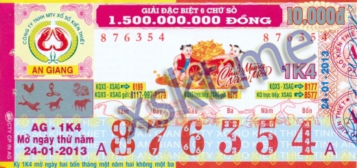 Mẫu vé sô xổ số An Giang ngày 24/1/2013