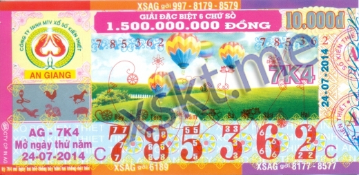 Mẫu vé sô xổ số An Giang ngày 24/7/2014