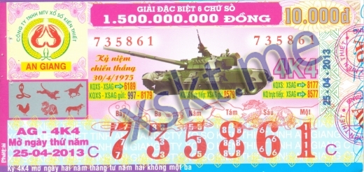 Mẫu vé sô xổ số An Giang ngày 25/4/2013