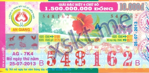 Mẫu vé sô xổ số An Giang ngày 25/7/2013