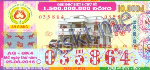 Mẫu vé sô xổ số An Giang ngày 25/8/2016