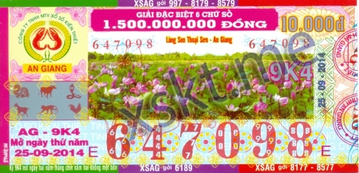 Mẫu vé sô xổ số An Giang ngày 25/9/2014