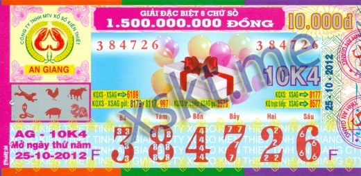 Mẫu vé sô xổ số An Giang ngày 25/10/2012