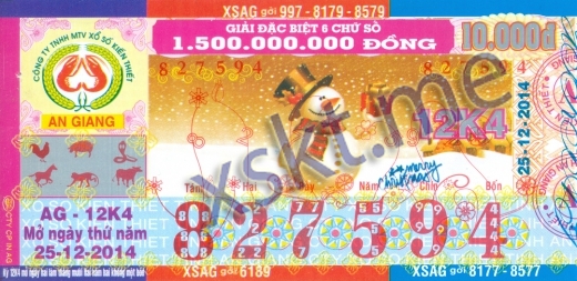 Mẫu vé sô xổ số An Giang ngày 25/12/2014