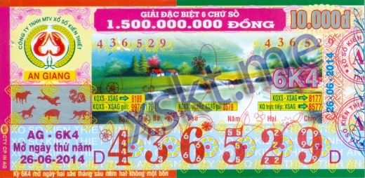 Mẫu vé sô xổ số An Giang ngày 26/6/2014