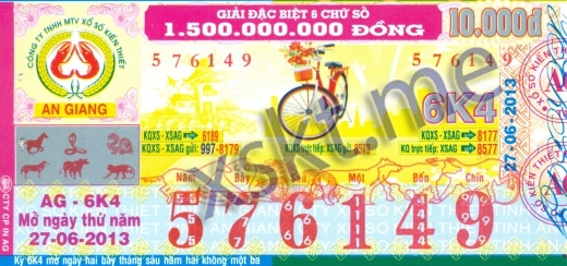 Mẫu vé sô xổ số An Giang ngày 27/6/2013