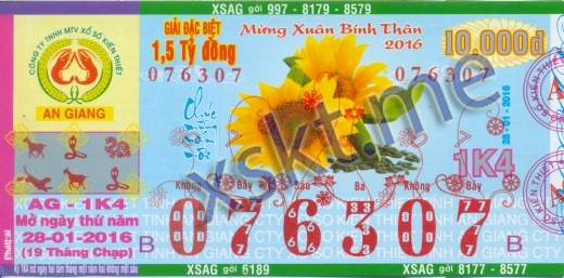 Mẫu vé sô xổ số An Giang ngày 28/1/2016