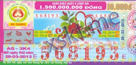 Mẫu vé sô xổ số An Giang ngày 28/3/2013