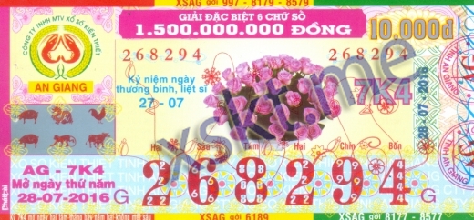 Mẫu vé sô xổ số An Giang ngày 28/7/2016